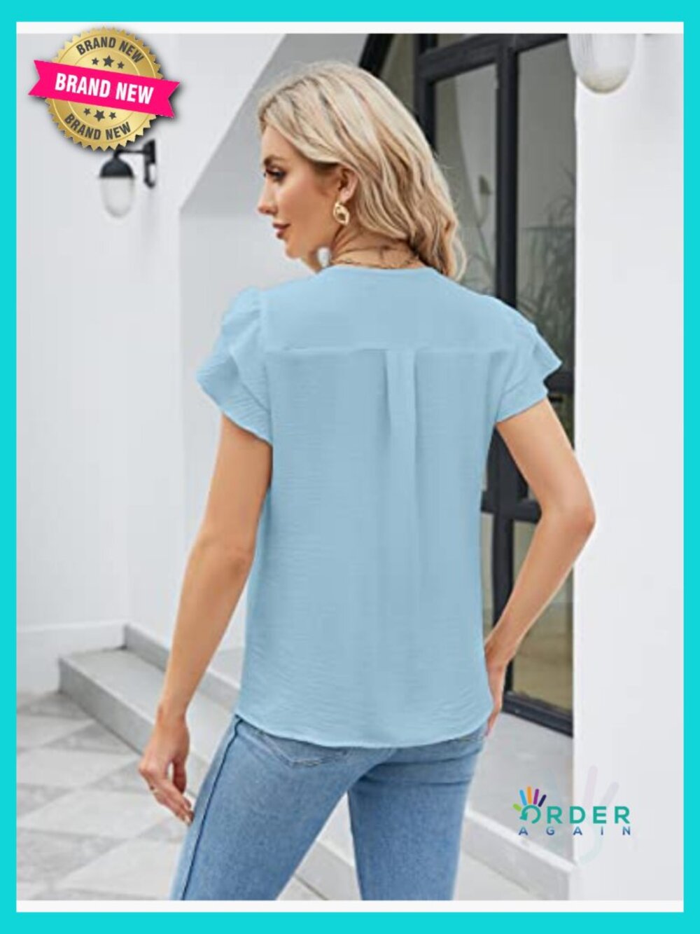 Flutter Sleeve V-Neck Blouse Lightweight Stretch Fabric Business Casual Tops - Picture 3 of 7